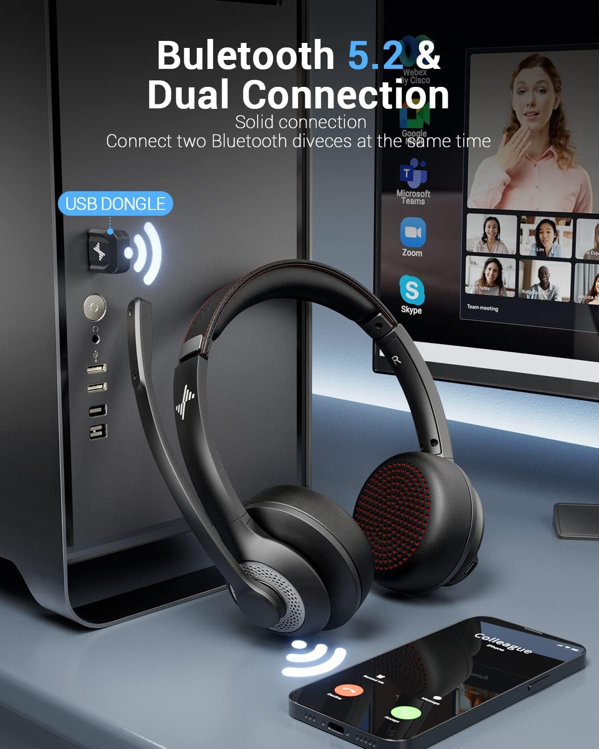 Bluetooth 5.2 Headset with Mic - Bluetooth Headset On Ear avaliação e preço